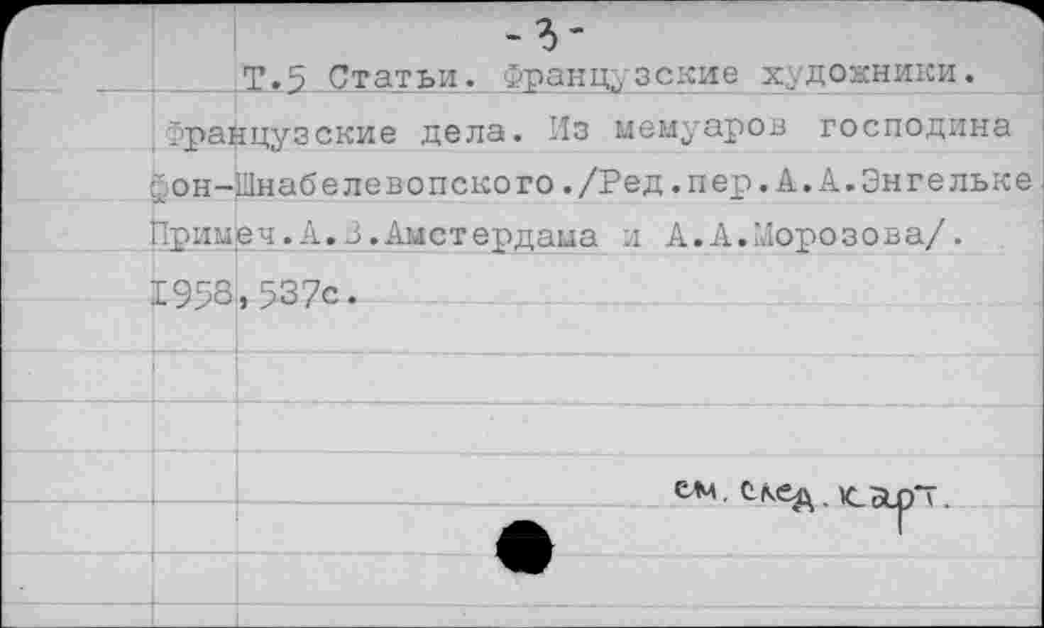 ﻿Т.5 Статьи. Французские художники.
Французские дела. Из мемуаров господина уон-Ынабелевопского./Ред.пер.А.А.Энгельке Примел.А.3.Амстердама и А.А.Морозова/.
1953-, 537с.
ем. скед. к. ал“